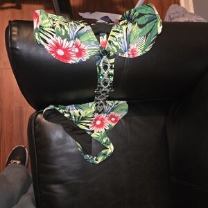 Fashion Nova Green Tropical Floral Bikini with Jewel Embellishment